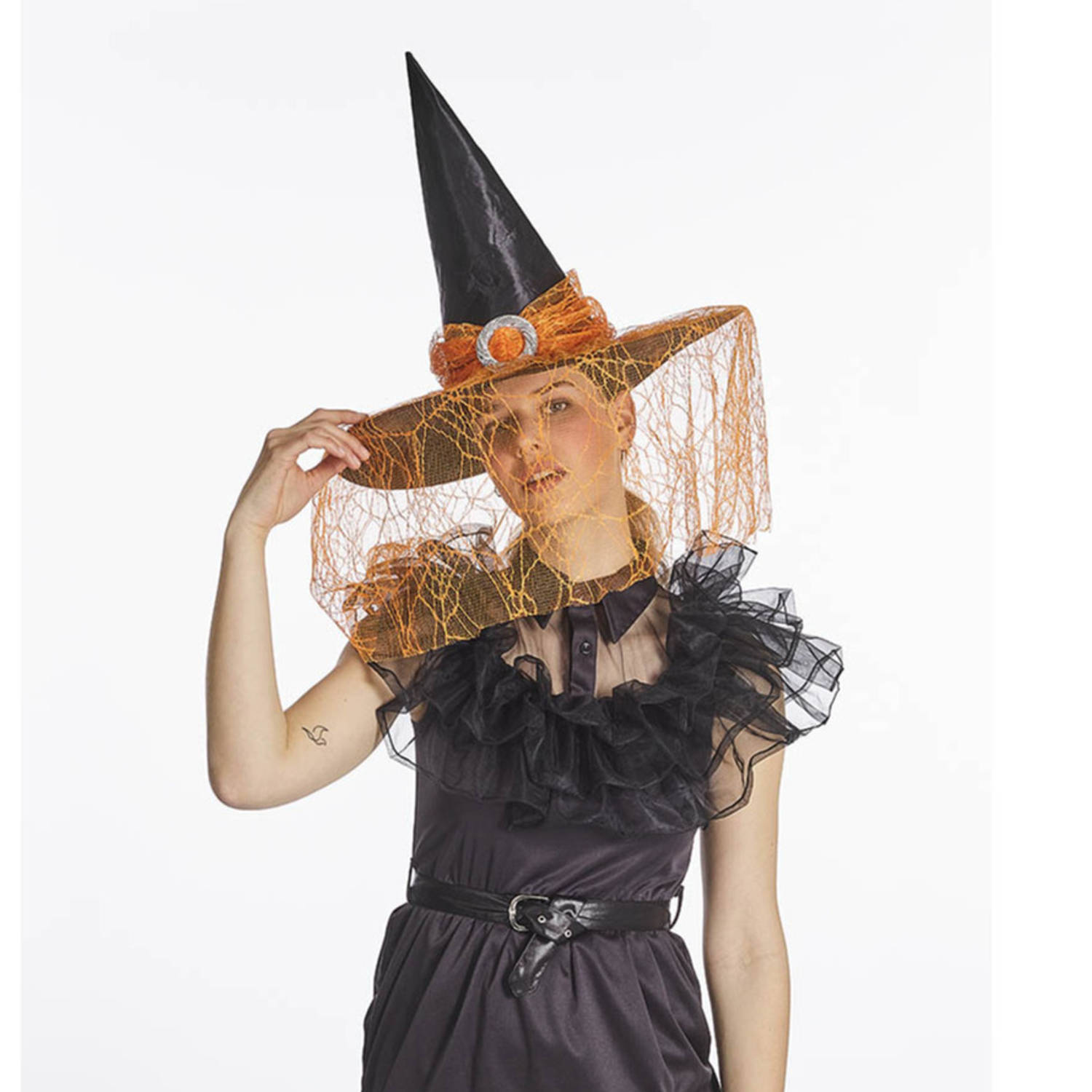 Verkleed heksenhoed - met sluier - zwart/oranje - volwassenen - Halloween hoofddeksels