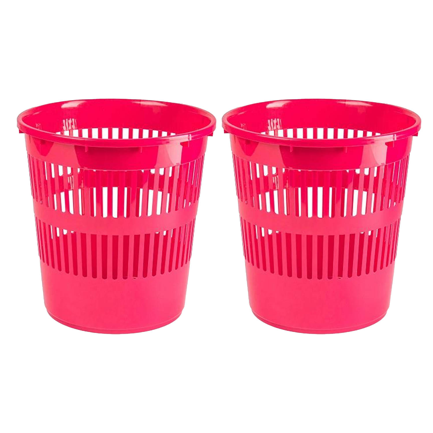 Plasticforte Afvalbak/vuilnisbak/kantoor prullenbak - 2x stuks - plastic - fuchsia roze - 28 cm - Prullenmanden