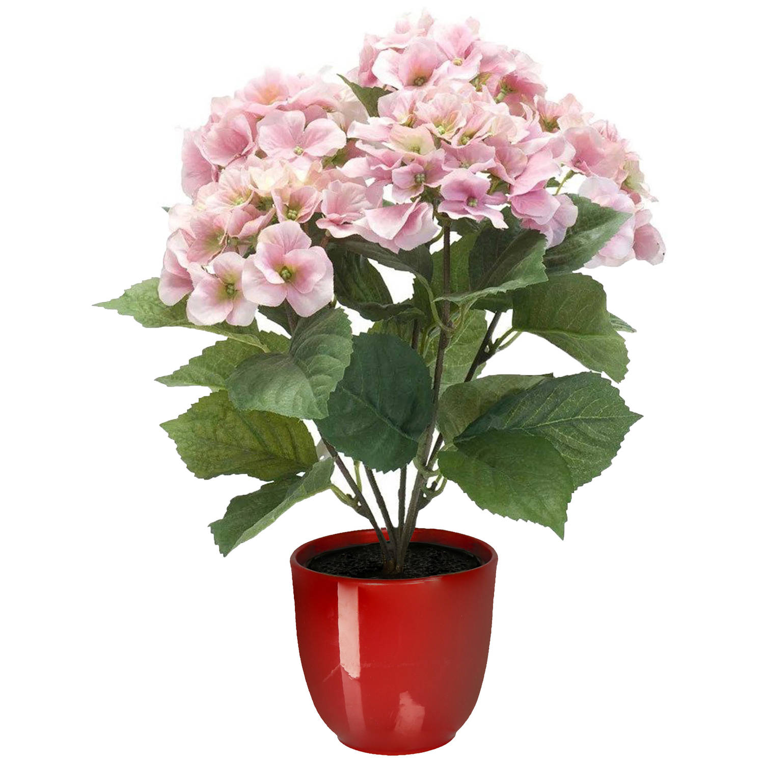 Hortensia kunstplant-kunstbloemen 40 cm roze in pot rood glans Kunstplanten