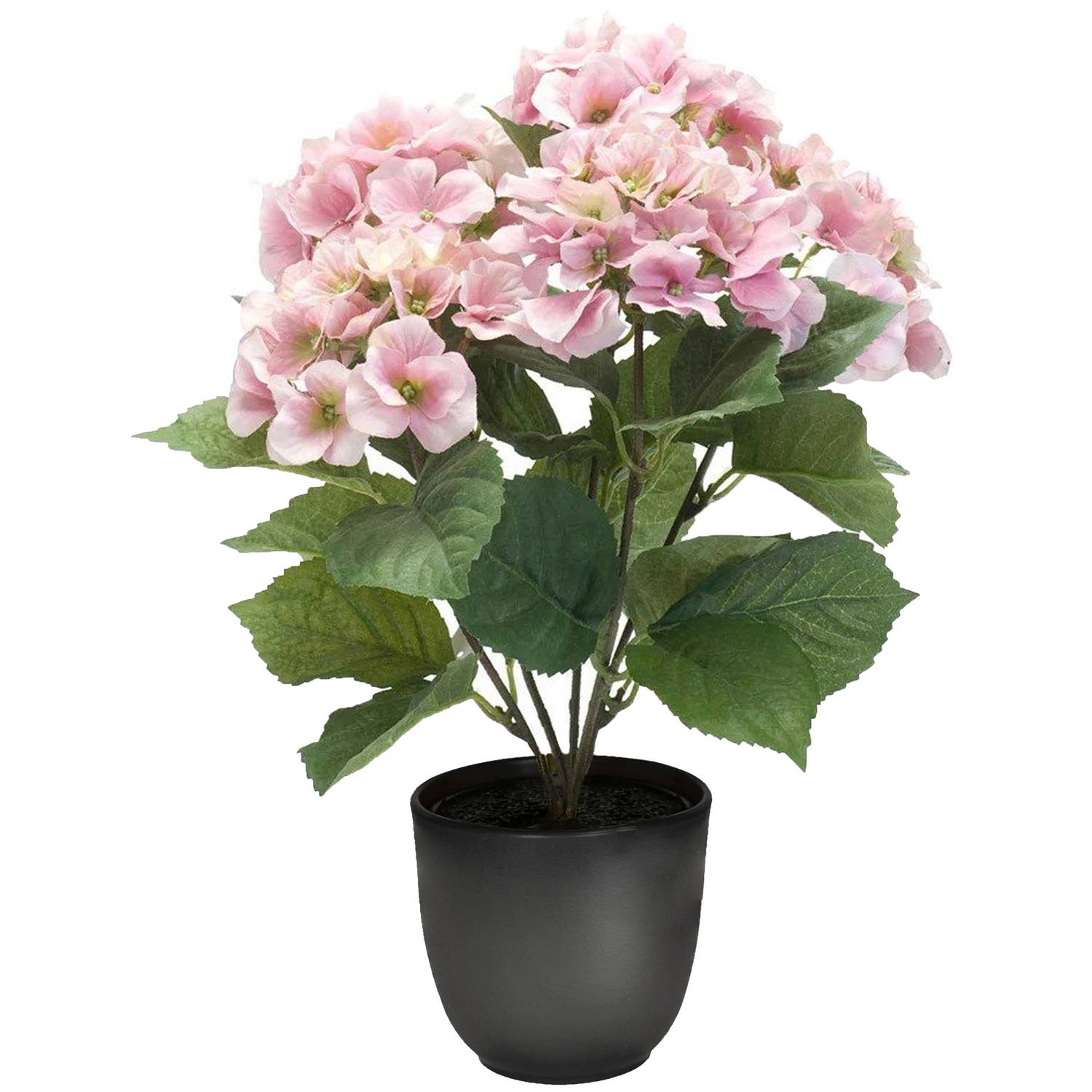 Hortensia kunstplant-kunstbloemen 40 cm roze in pot mat zwart Kunstplanten