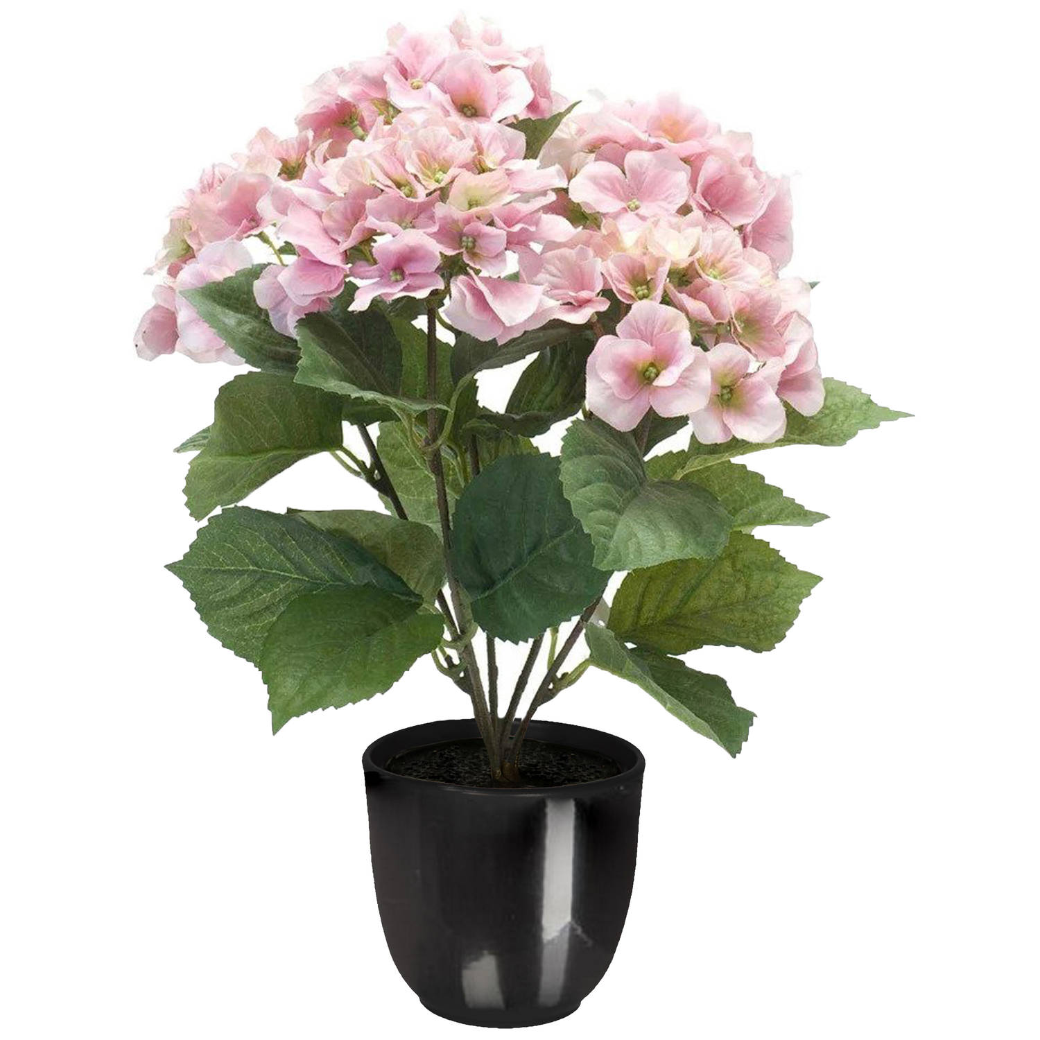Hortensia kunstplant-kunstbloemen 40 cm roze in pot zwart glans Kunstplanten