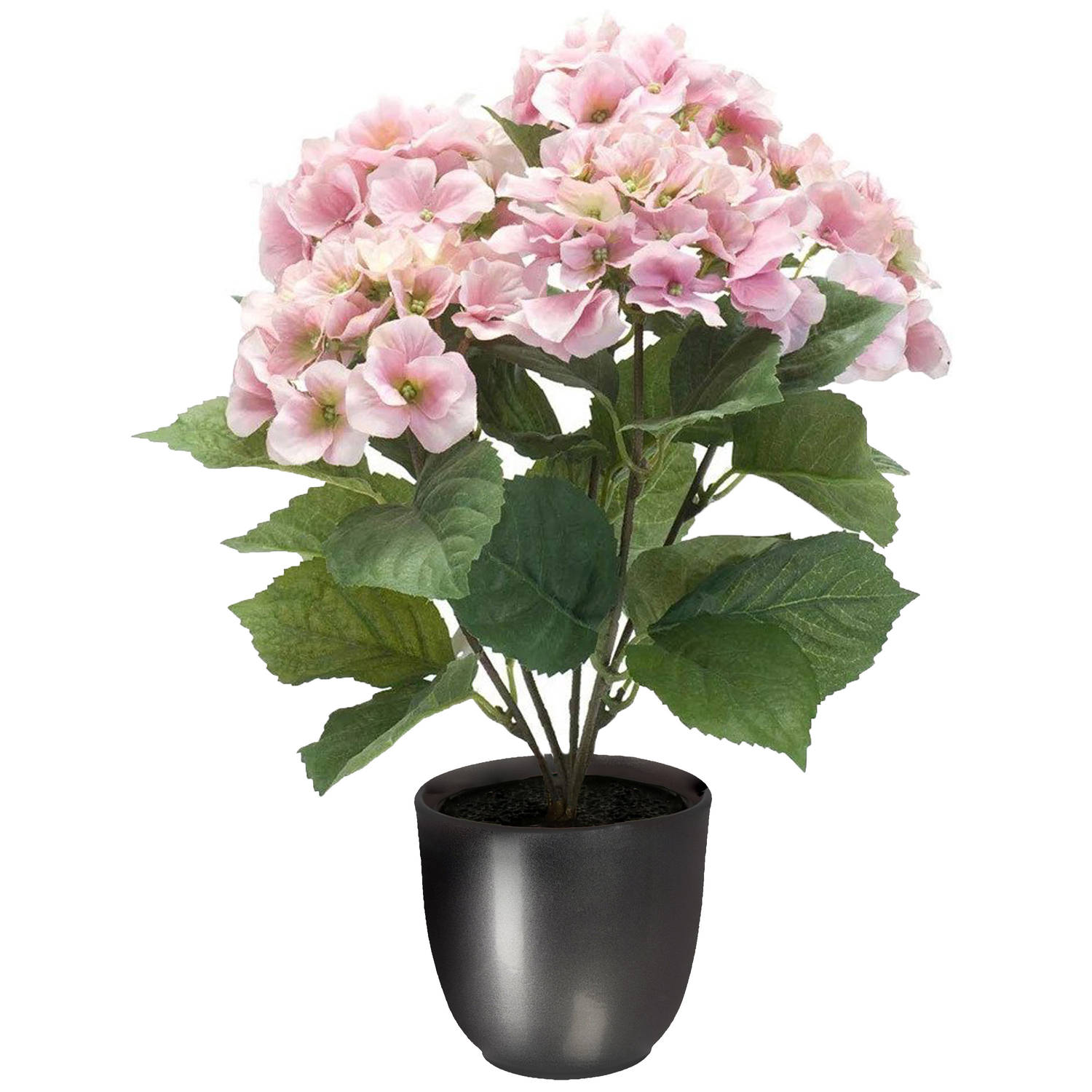 Hortensia kunstplant-kunstbloemen 40 cm roze in pot metallic grijs Kunstplanten