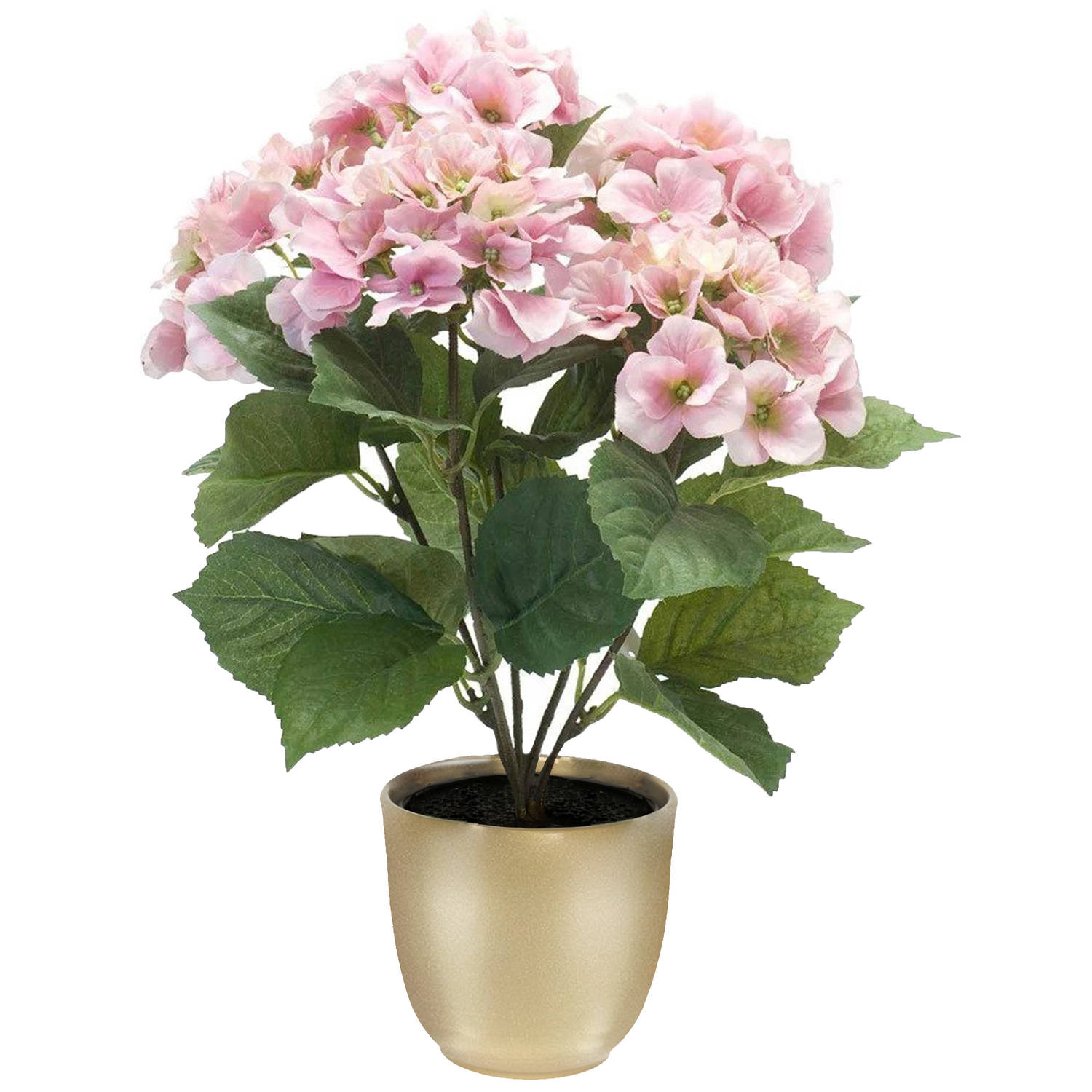 Hortensia kunstplant-kunstbloemen 40 cm roze in pot goud mat Kunstplanten