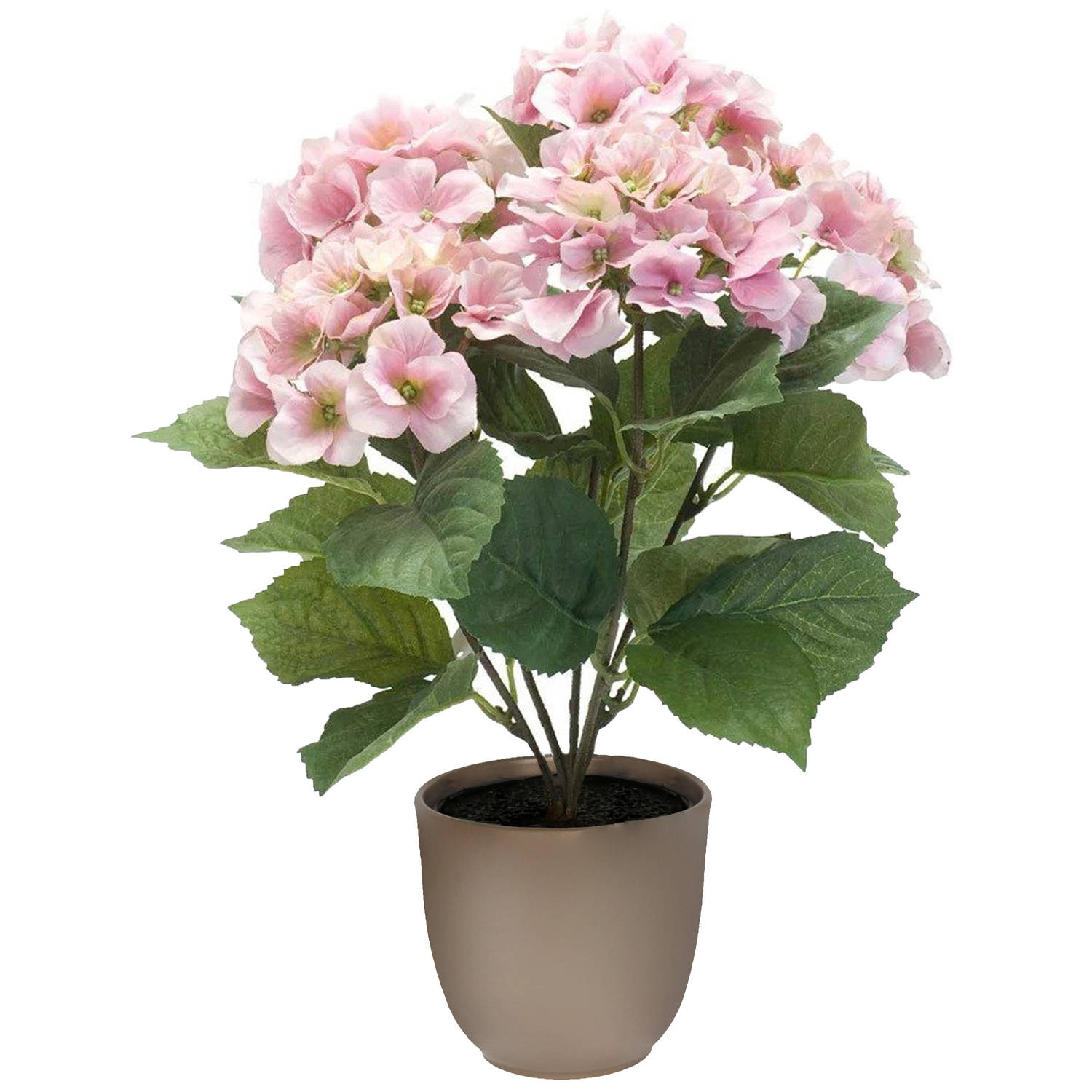 Hortensia kunstplant-kunstbloemen 40 cm roze in pot taupe mat Kunstplanten