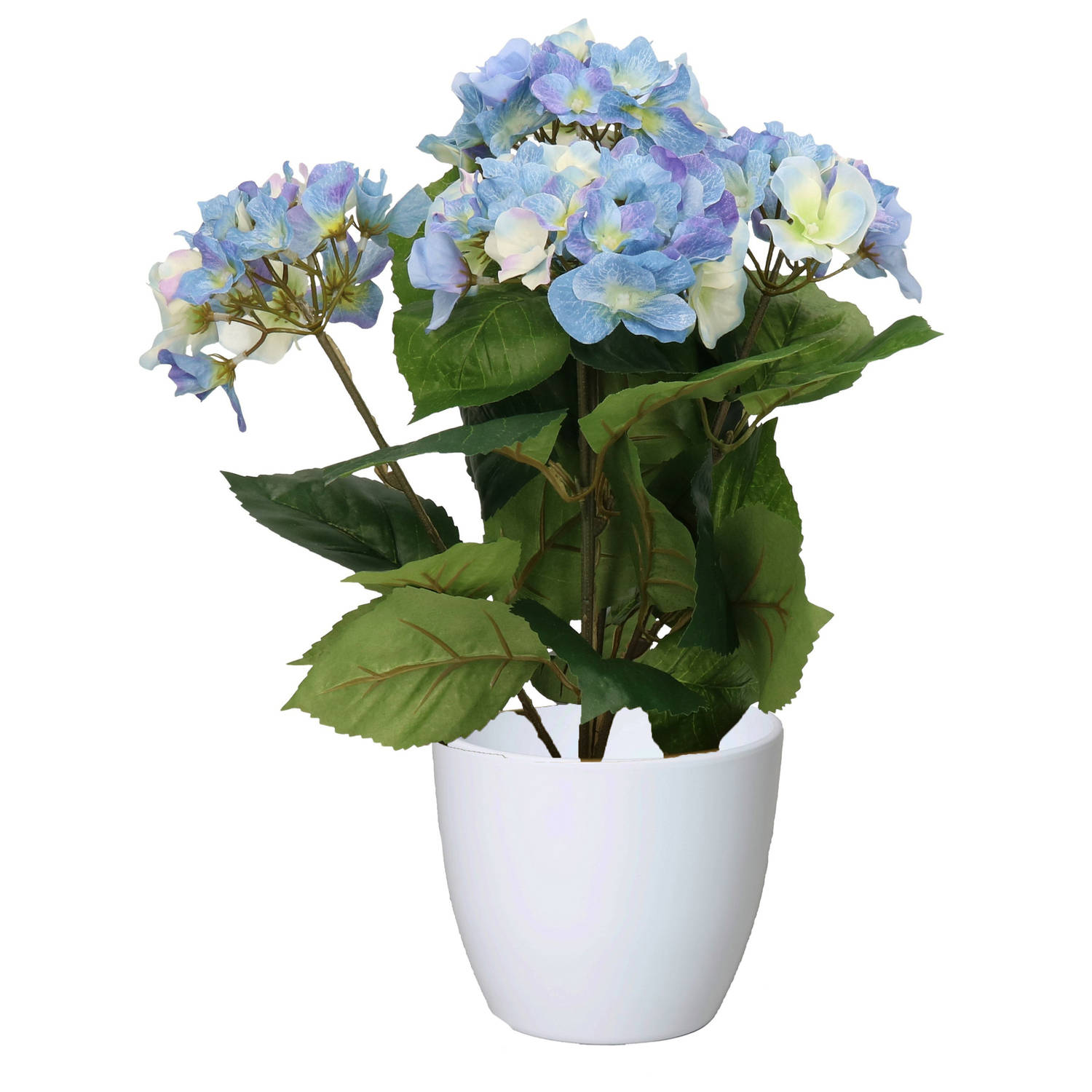 Hortensia kunstplant met bloemen blauw in pot wit 40 cm hoog Kunstplanten