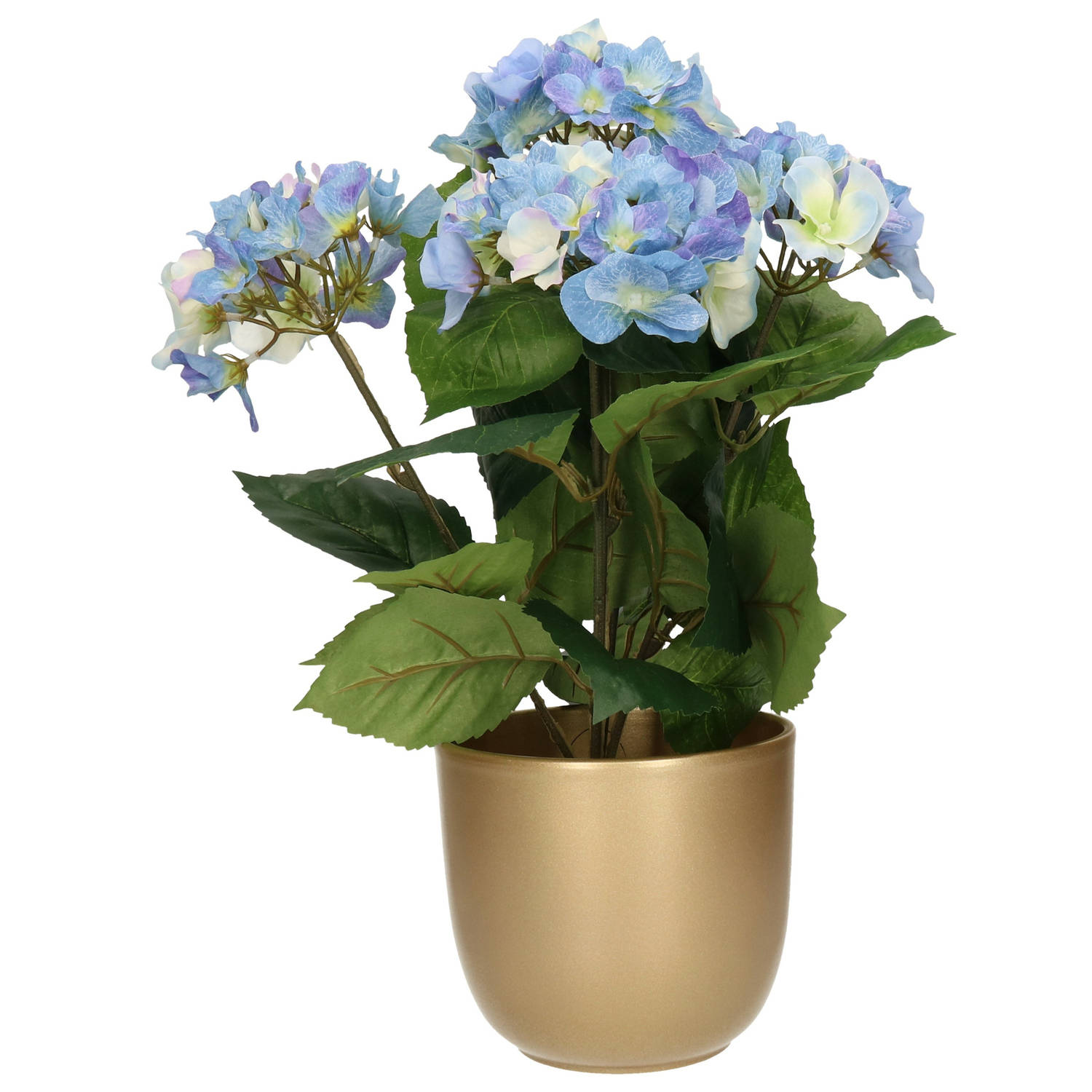 Hortensia kunstplant met bloemen blauw in pot goud 40 cm hoog Kunstplanten