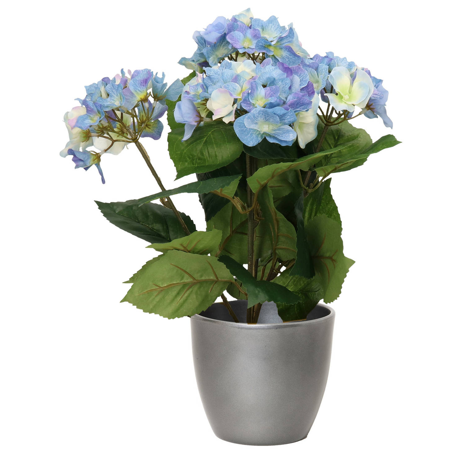 Hortensia kunstplant met bloemen blauw in pot metallic zilver 40 cm hoog Kunstplanten