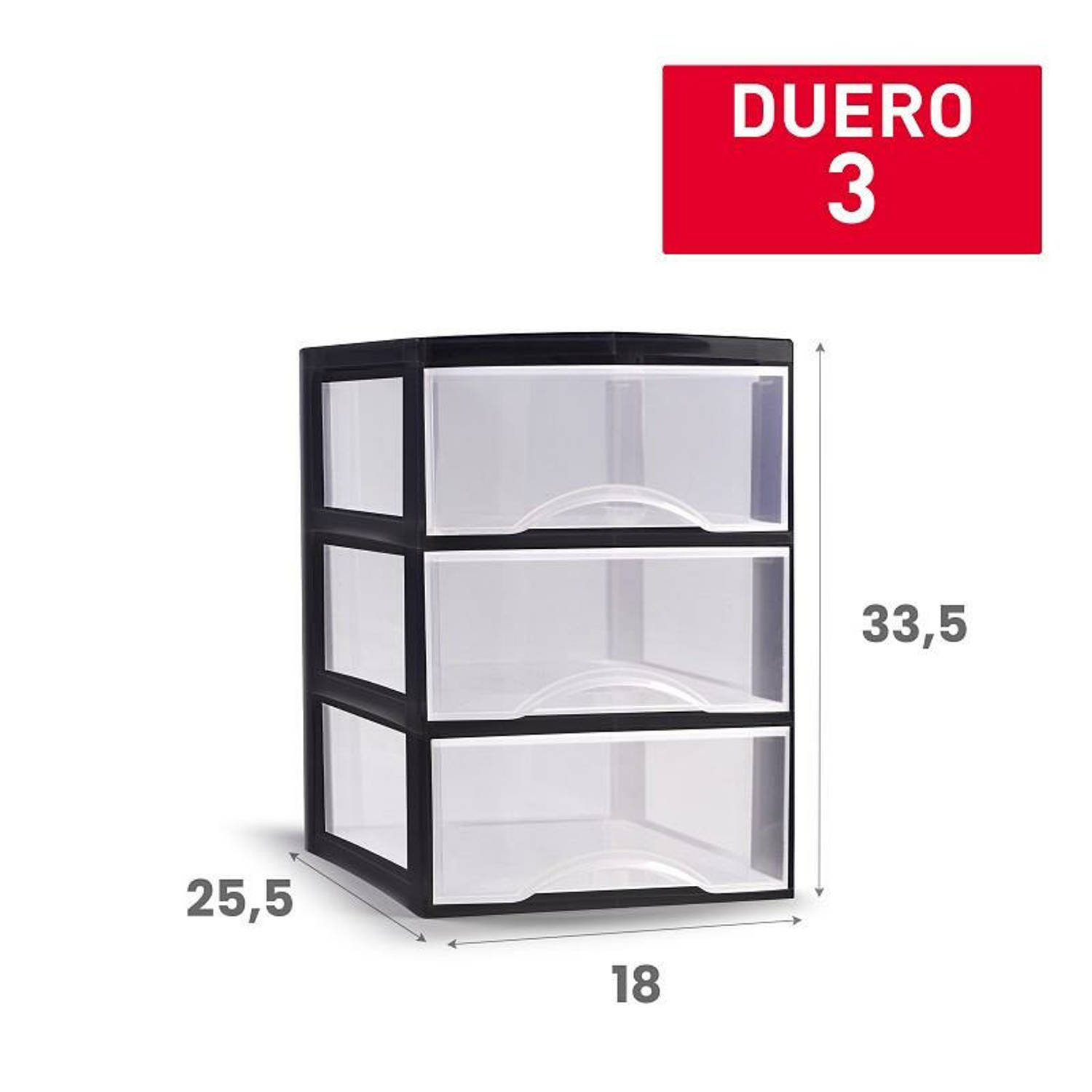 Plasticforte Ladeblokje/bureau organizer met 3x lades - transparant/zwart - L18 x B25 x H25 cm