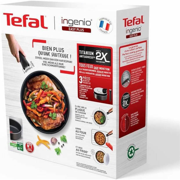 TEFAL INGENIO L1509002 Set van 3 stuks, Koekenpan van 24 cm + Deksel + Handvat - Antiaanbaklaag - Gemaakt in Frankrijk