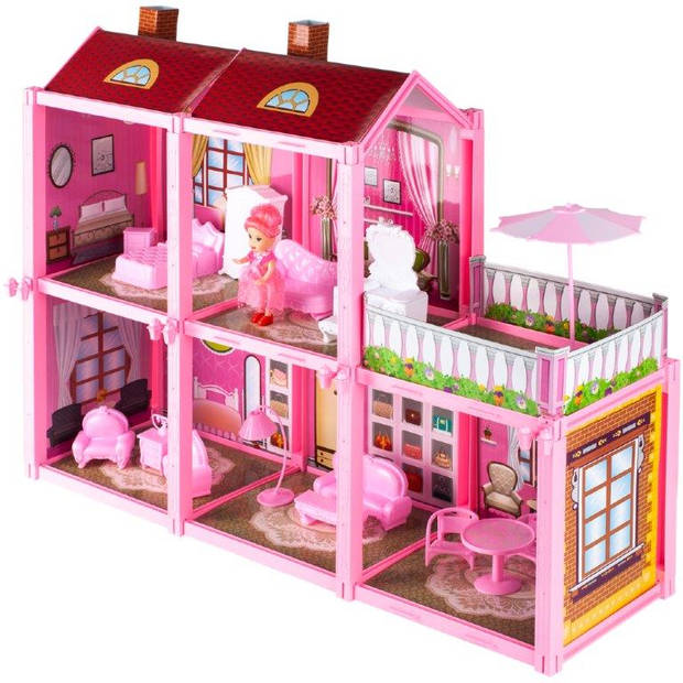 Poppenhuis villa met 2 verdiepingen inclusief accessoires en pop roze 60 x 17 x 44 cm