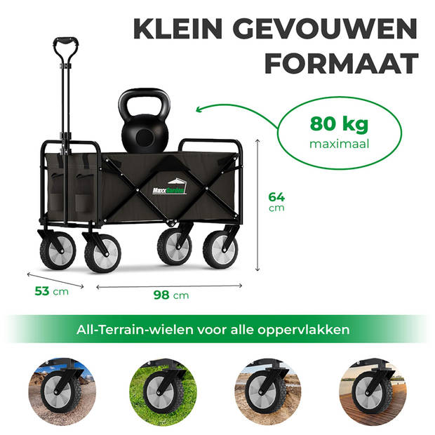 MaxxGarden Bolderkar - Bolderkar Opvouwbaar - Bolderwagen - 98x53x64 cm - Massieve Banden - Zwart