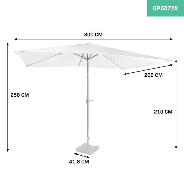 VONROC Premium Parasol Rapallo 200x300cm – Duurzame parasol - Kantelbaar – UV werend doek - Wit – Incl. beschermhoes