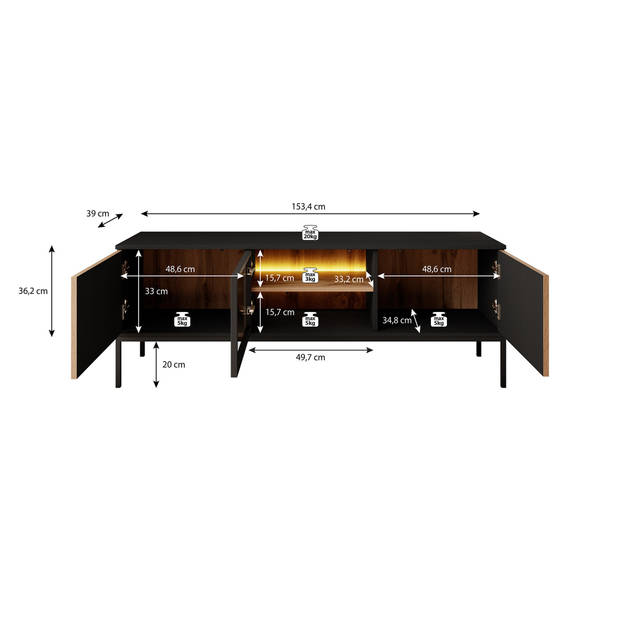 Meubella TV-Meubel Legend - Mat zwart - Eiken - 154 cm