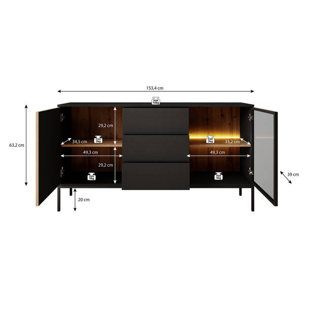 Meubella Dressoir Legend - Mat zwart - Eiken - 154 cm met lades