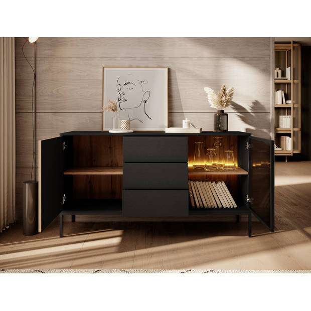 Meubella Dressoir Legend - Mat zwart - Eiken - 154 cm met lades