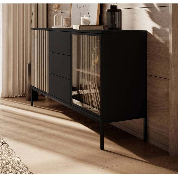 Meubella Dressoir Legend - Mat zwart - Eiken - 154 cm met lades