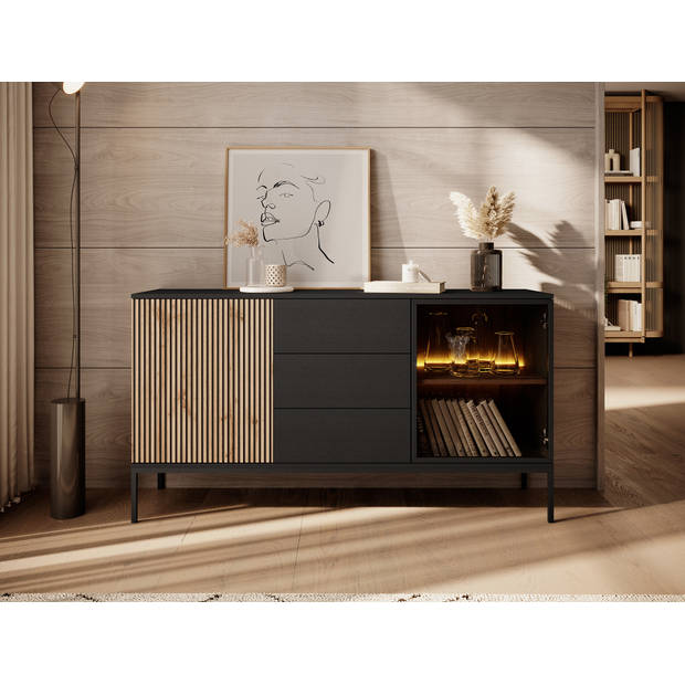 Meubella Dressoir Legend - Mat zwart - Eiken - 154 cm met lades