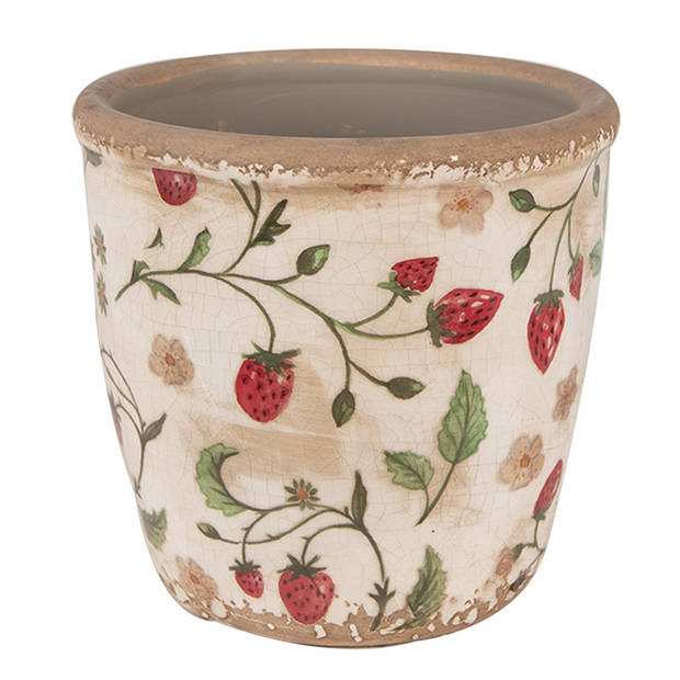 HAES DECO - Bloempot Ø 14x13 cm Beige Rood Keramiek Aardbeien Bloempot Binnen