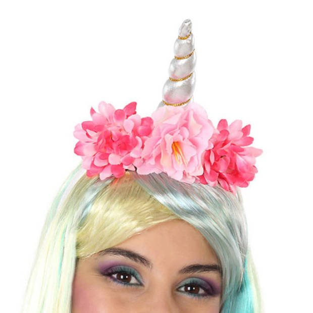 Atosa Verkleed haarband Unicorn/Eenhoorn - roze gekleurd - meisjes/dames - met bloemen - Verkleedhoofddeksels