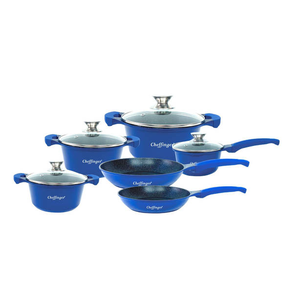 Cheffinger Luxe Pannenset - 10 delig - Blauw - Inductie - Met glazen deksels