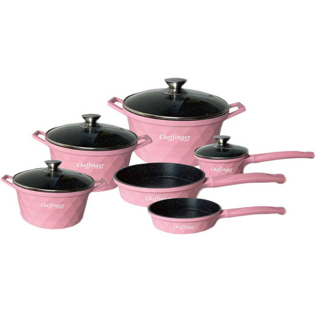 Cheffinger Luxe Pannenset - 10 delig - Roze - Inductie - Met glazen deksels