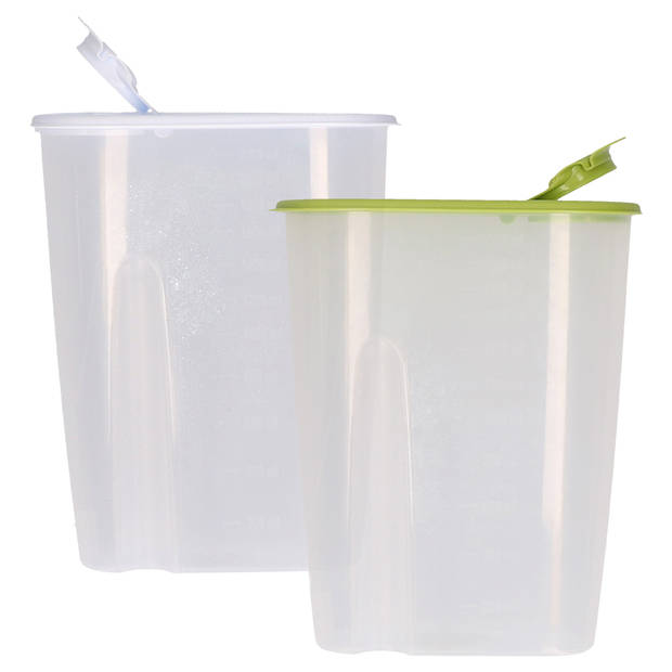 Voedselcontainer strooibus - groen en wit - 2,2 liter - kunststof - 20 x 9.5 x 23.5 cm - Voorraadpot