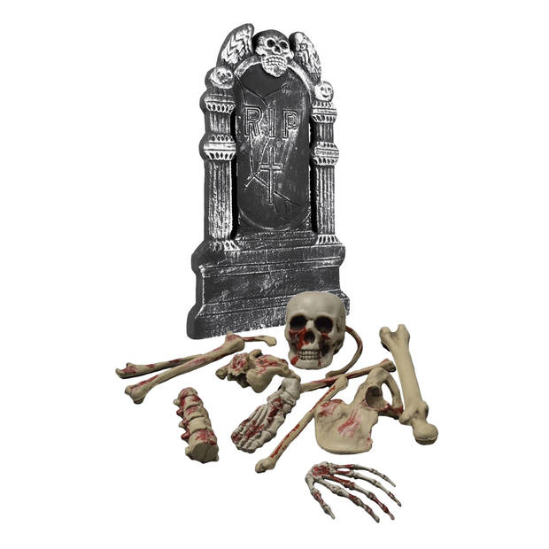 Horror tuin decoratie set kerkhof met grafsteen en bloederige botten - Feestdecoratievoorwerp