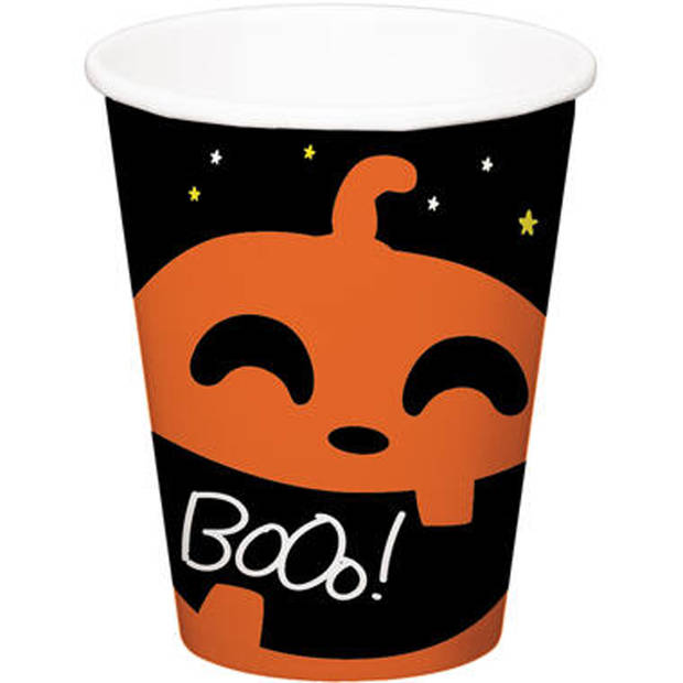 Halloween thema feest beker - 12x - pompoen BoOo! print - papier - 250 ml - Feestbekertjes