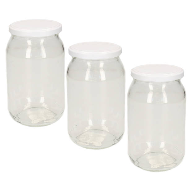 Luchtdichte weckpot transparant glas - 3x stuks - 900 ml - wit - Weckpotten