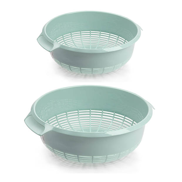 PlasticForte Keuken vergieten/zeef - set 2x - kunststof - mintgroen - dia 23 en 27 cm - Vergieten