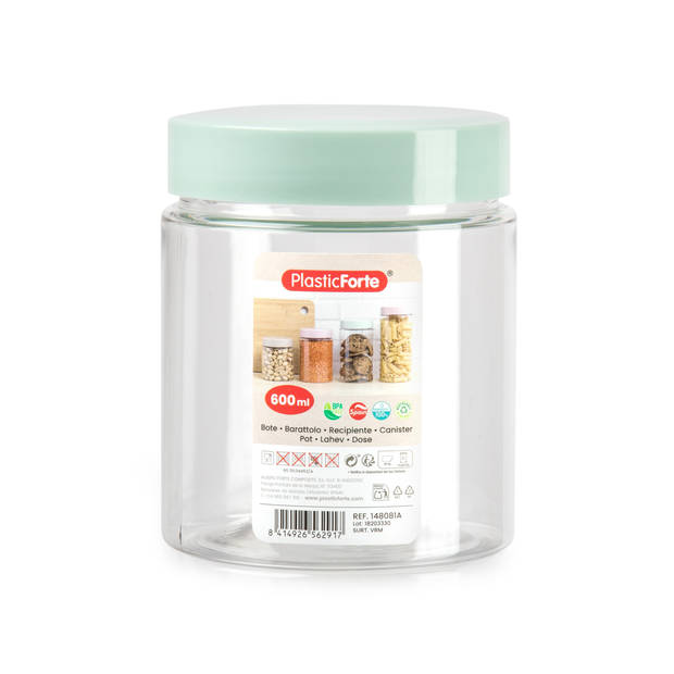 Voorraadpot/bewaarpot - 2x - 600 ml - kunststof - mint groen - B10 x H12 cm - Voorraadpot