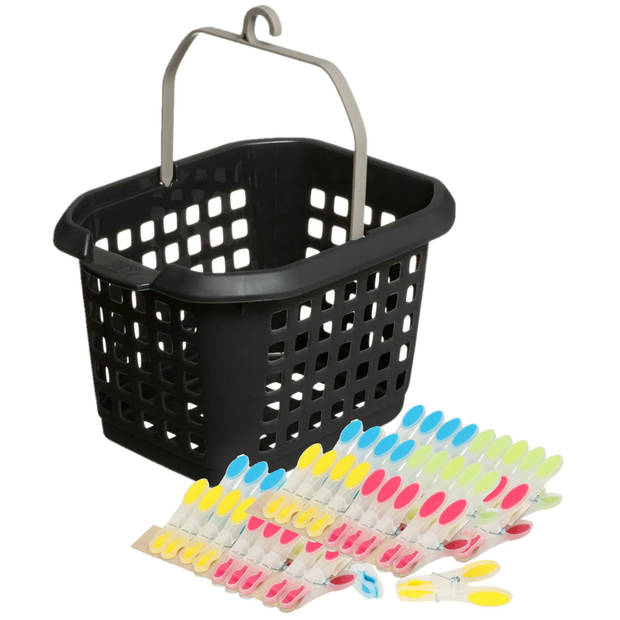 Wasknijpers ophang mandje/bakje - zwart - met 60x plastic soft grip knijpers - knijperszakken