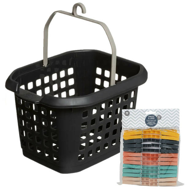 Wasknijpers ophang mandje/bakje - zwart - met 52x plastic knijpers - knijperszakken