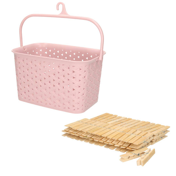 Wasknijpersmandje met ophanghaak - roze - en 60x houten wasknijpers 7 cm - knijperszakken