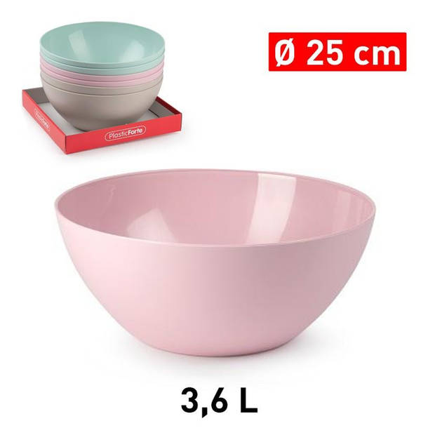 Salade/fruit serveer schaal - roze - kunststof - Dia 25 cm - incl. bamboe Sla couvert/bestek - Serveerschalen