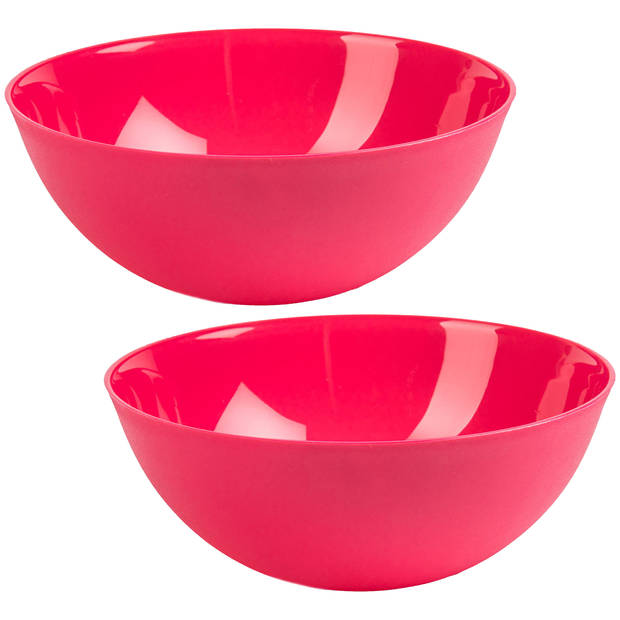 Plasticforte Serveerschaal/Saladeschaal - 2x - D25 x H10 cm - kunststof - fuchsia roze - 2,5 liter - Serveerschalen