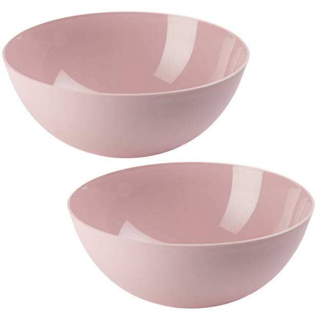 Plasticforte Serveerschaal/Saladeschaal - 2x stuks - D25 x H10 cm - kunststof - roze - 2,5 liter - Serveerschalen