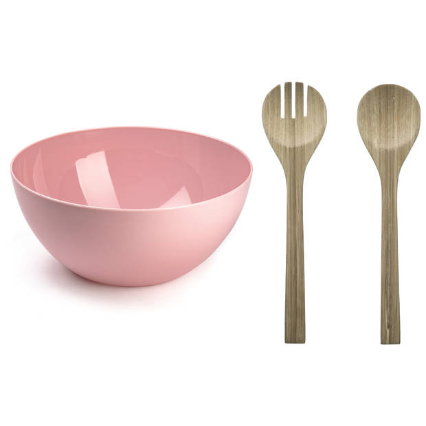 Salade serveer schaal - roze - kunststof - Dia 28 cm - incl. bamboe Sla couvert/bestek - Serveerschalen