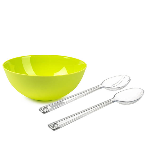 Salade serveer schaal - groen - kunststof - Dia 25 cm - inclusief sla couvert/bestek - Serveerschalen