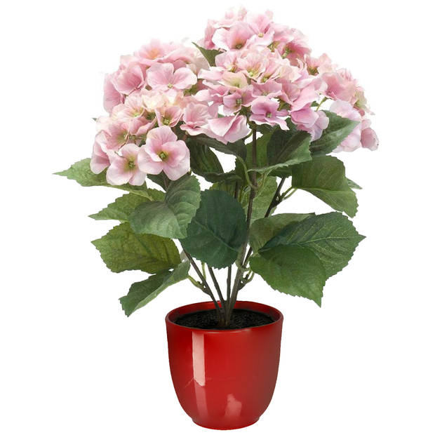Hortensia kunstplant/kunstbloemen 40 cm - roze - in pot rood glans - Kunstplanten