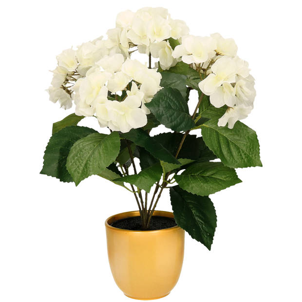 Hortensia kunstplant/kunstbloemen 40 cm - wit - in pot okergeel glans - Kunstplanten