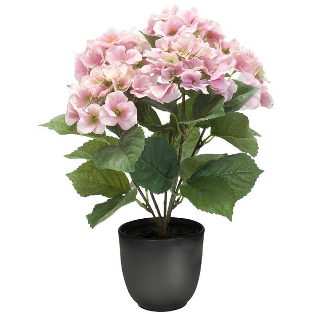 Hortensia kunstplant/kunstbloemen 40 cm - roze - in pot mat zwart - Kunstplanten