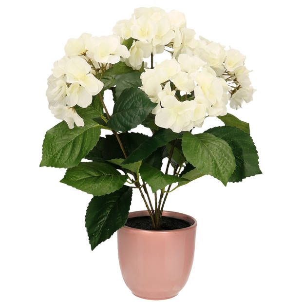 Hortensia kunstplant/kunstbloemen 40 cm - wit - in pot lichtroze glans - Kunstplanten