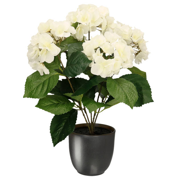 Hortensia kunstplant/kunstbloemen 40 cm - wit - in pot metallic grijs - Kunstplanten