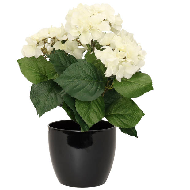 Hortensia kunstplant met bloemen wit - in pot zwart - 40 cm hoog - Kunstplanten