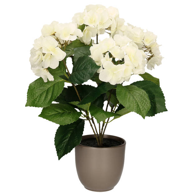 Hortensia kunstplant/kunstbloemen 40 cm - wit - in pot taupe mat - Kunstplanten