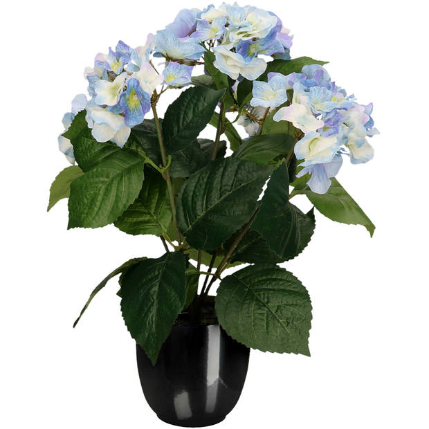 Hortensia kunstplant/kunstbloemen 40 cm - blauw - in pot zwart glans - Kunstplanten