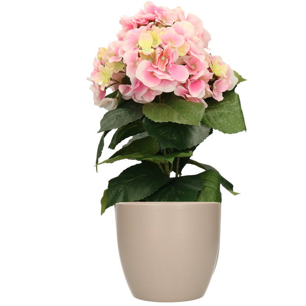 Hortensia kunstplant met bloemen lichtroze - in pot taupe - 40 cm hoog - Kunstplanten