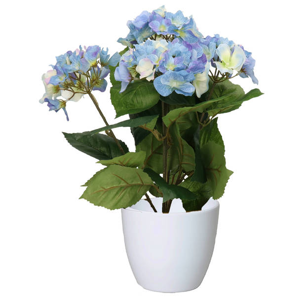 Hortensia kunstplant met bloemen blauw - in pot wit - 40 cm hoog - Kunstplanten