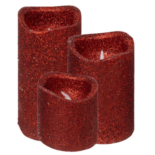 Feeric lights LED kaarsen set - 3x stuks - rood glitter - LED kaarsen